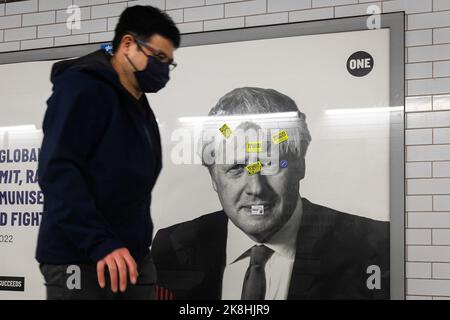 London, UK. 23rd Oct, 2022. An advert features Former Prime Minister Boris Johnson at Westminster Station. After being widely expected to run as a candidate, Johnson has tonight decided not to enter the Conservative leadership election to succeed Liz Truss. Credit: SOPA Images Limited/Alamy Live News Stock Photo