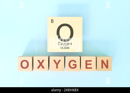 Oxygen gas chemical element symbol with atomic mass and atomic number in wooden blocks flat lay composition. Chemistry and Science concept. Stock Photo