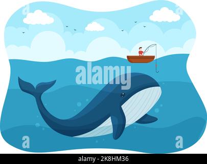 Whale Hunting with Whales Caught by Fisherman in the Middle of the Deep Sea for Sale in Hand Drawn Flat Cartoon Templates Illustration Stock Vector