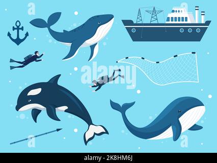 Whale Hunting with Whales Caught by Fisherman in the Middle of the Deep Sea for Sale in Hand Drawn Flat Cartoon Templates Illustration Stock Vector
