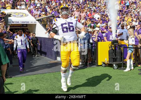 Baton Rouge, LA, USA. 22nd Oct, 2022. LSU's Will Campbell (66) runs out of the tunnel prior to NCAA football game action between the Ole Miss Rebels and the LSU Tigers at Tiger Stadium in Baton Rouge, LA. Jonathan Mailhes/CSM/Alamy Live News Stock Photo