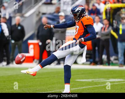 Denver Broncos punter Corliss Waitman (17) punts the ball against the Los  Angeles Chargers in an NFL football game, Monday, Oct. 17, 2022, in  Inglewood, Calif. Chargers won 19-16. (AP Photo/Jeff Lewis