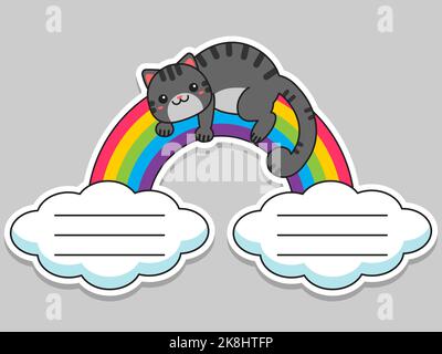 Notebook labels. The cat lies on the rainbow. Note labels. Baby stickers. School stickers. Vector illustration. Stock Vector