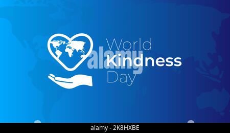 World Kindness Day Blue Illustration Background with Hand and Heart and World Map Stock Vector