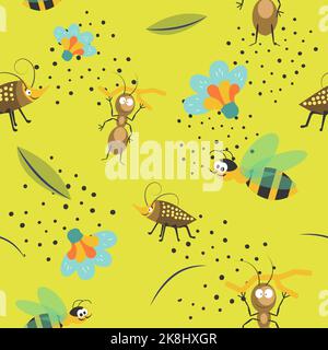 Funny insects, ants and beetles, bees pattern Stock Vector