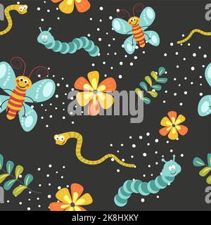 Insects and flowers worms and caterpillars pattern Stock Vector