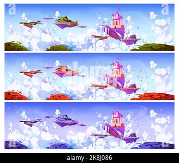 Pink magic castle on floating island in night sky with fluffy clouds ...