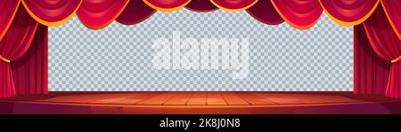 Theater or cinema scene with curtains and wooden floor isolated on transparent background.Movie theatre interior with stage, red velvet drapes and empty backdrop, vector cartoon illustration Stock Vector