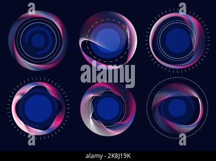 Abstract fluorescent neon gradient colors round shape decorating with mesh wavy lines pattern. Design for inserting message article background. Vector Stock Vector