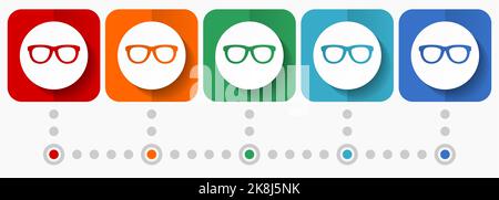 Eyeglasses vector icons, infographic template, set of flat design symbols in 5 color options Stock Vector