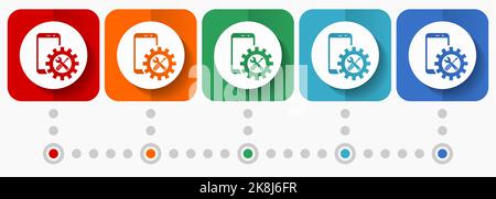 Mobile phone, smartphone service vector icons, infographic template, set of flat design symbols in 5 color options Stock Vector