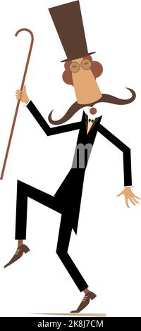 Walking mustache man in the top hat isolated illustration. Cheerfulness long mustache man in the top hat walking with a cane. Isolated on white Stock Vector