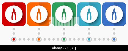 Pliers,service, tool, equipment vector icons, infographic template, set of flat design symbols in 5 color options Stock Vector