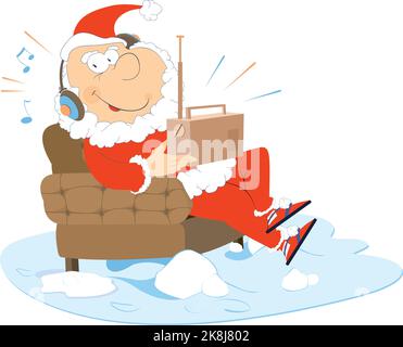 Listening the radio Santa Claus illustration. Smiling Santa Claus sits in an armchair and listens the radio illustration Stock Vector