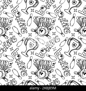A seamless pattern of hand-drawn elements with a bowling theme. Cup. Winning. Ball smashes pins. Pins. Hand-drawn bowling and strike inscriptions. Pin Stock Vector
