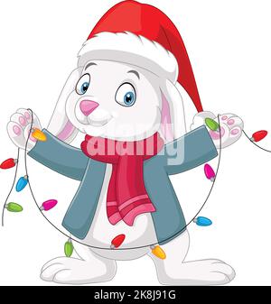 Cartoon rabbit wearing santa hat and scarf with christmas lights Stock Vector
