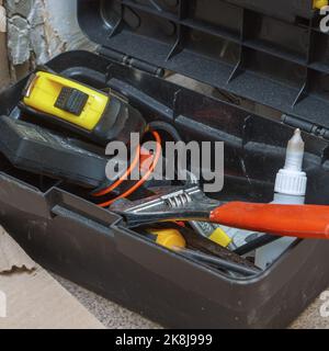 Various hand tools in the tool box Stock Photo