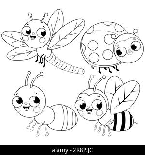 Set of cute bugs. A dragonfly, a ladybug, an ant and a bee. Black and white coloring page Stock Photo