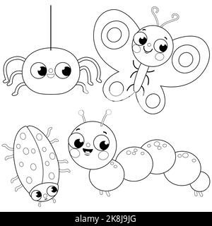 Set of cute bugs. A spider, a butterfly, a beetle and a caterpillar. Black and white coloring page Stock Photo