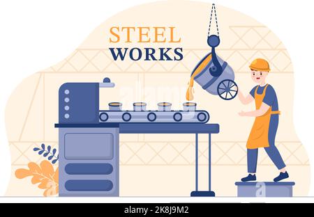 Steelworks with Resource Mining, Smelting of Metal in Big Foundry and Hot Steel Pouring in Flat Cartoon Hand Drawn Templates Illustration Stock Vector
