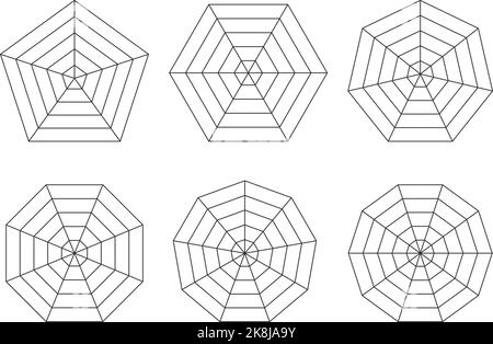 Radar or spider diagram template. Flat spider mesh. Blank radar charts. Pentagon and hexagon graphs. Kiviat diagram for statistic and analitic. Vector Stock Vector