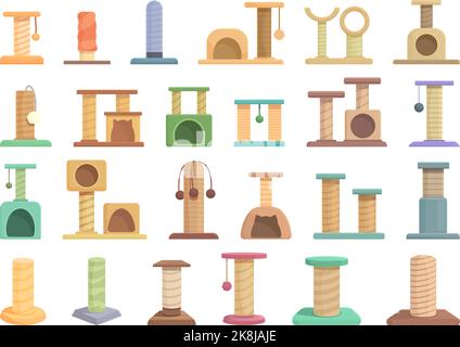 Cats scratching post icons set cartoon vector. Tree tower. Play furniture Stock Vector