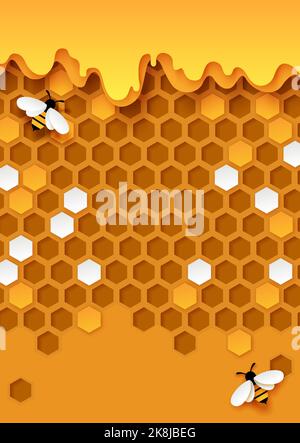 Honey vector background with bee and honeycomb Stock Vector