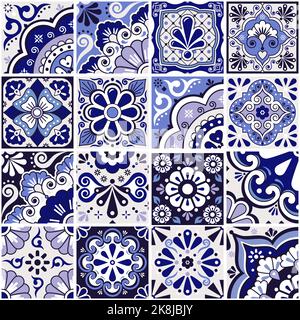 Mexican tiles big set collection, talavera ornaments vector seamless design with flowers and swirls in navy blue Stock Vector