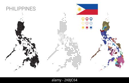 Map of Philippines dotted with silhouette e people region, with flag and pin in color, vector illustration scalable. Stock Vector