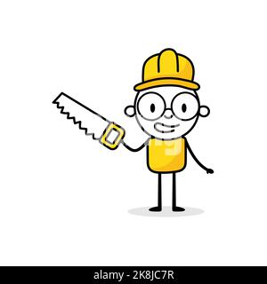 Man holding saw in his hand and wearing hard hat. Carpentry work. Vector stock illustration. Stock Vector