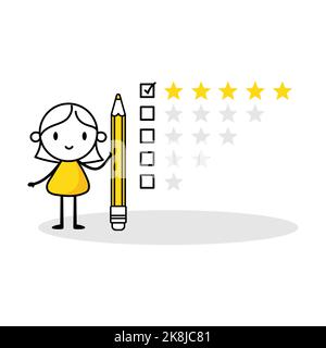 Woman character giving five stars positive feedback. Customer reviews, rate the service concept. Vector stock illustration Stock Vector