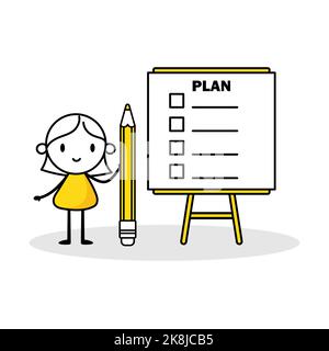 Businesswoman present plan with checklist step on whiteboard. Action plan step by step checklist to progress and finish project. Strategy and develop Stock Vector