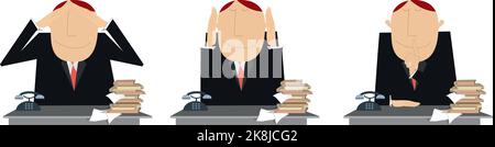 Deaf, dumb, blind business concept illustration. Pensive businessman does not want to hear, see and speak with anybody set isolated on white Stock Vector