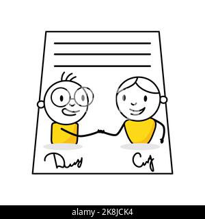 Two businessmen successfully signed a project cooperation agreement contract. Business deal or partnership, investment contract or job offer agreement Stock Vector