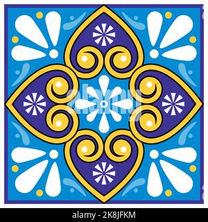 Mexican talavera floral pattern vector single tile seamless design with flowers and leaves in blue and yellow Stock Vector