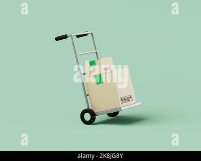 Simple cartoon hand truck with cardboard deliery boxes on it 3d render illustration. Isolated object on pastel background. Stock Photo