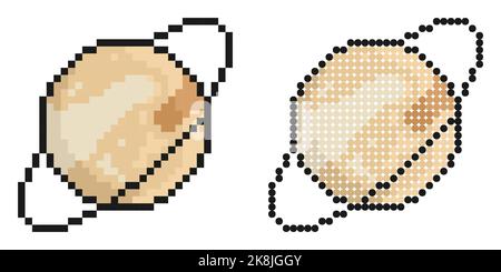 Pixel icon. Planet saturn with ring icon. Exploring space and solar system at school. Simple retro game vector isolated on white background Stock Vector