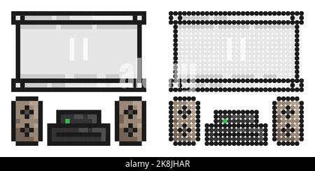 Pixel icon. Home theater with speakers and projector screen. Premium home cinema equipment. Simple retro game vector isolated on white background Stock Vector