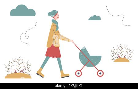 Happy mother on autumn walk with newborn in stroller. Woman pushing pram with child in park. Young mom with baby in pushchair Stock Photo
