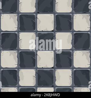 Chessboard black and white tile, bricks game background in cartoon style, seamless textured surface. Ui game asset, road or floor material. Vector illustration Stock Vector