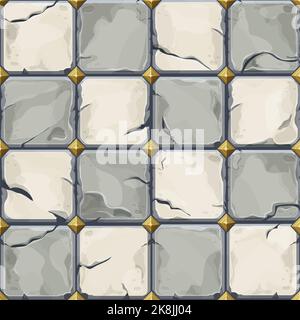Chessboard black and white tile, bricks game background in cartoon style, seamless textured surface. Ui game asset, road or floor material. Vector illustration Stock Vector