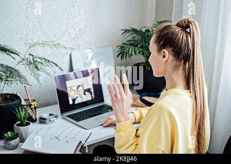 Young woman student applicant having online virtual video call job interview meeting with female hr recruiter or employer. Distance remote recruitment Stock Photo