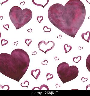 Watercolor heart shape pink color seamless patternon white background. Watercolor hand drawn illustration. Art for decoration and design textiles, fab Stock Photo