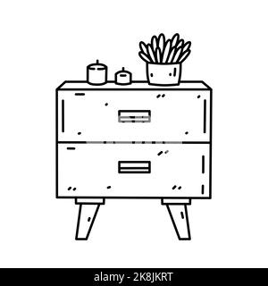 Cute nightstand or bedside table with candles and a houseplant. Bedroom furniture isolated on white background. Vector hand-drawn doodle illustration. Stock Vector
