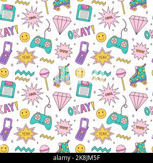 Bright seamless pattern with items from the nineties - floppy disk, quad roller skates, retro flip phone, joystick gamepad, diamonds, lollipop, stars on checkered background. Nostalgia for the 1990s. Stock Vector