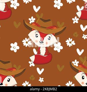 Seamless pattern with cute fox baby on color background. Funny forest animals. Card, postcards for kids. Flat vector illustration for fabric, textile Stock Vector