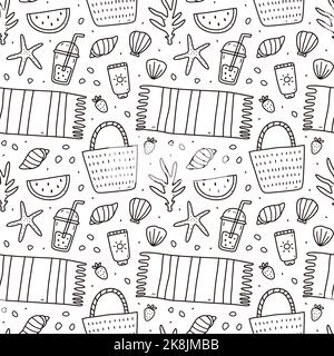 Cute seamless pattern with summer doodles - beach towel, sunscreen, wicker bag, bubble tea, coral and seashells. Vector hand-drawn illustration. Stock Vector