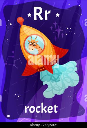 Printable space alphabet flashcard with letter R. Cartoon cute astronaut in rocket and english word name on flash card for children education. Kid cards for teaching reading in preschool, kindergarten Stock Vector