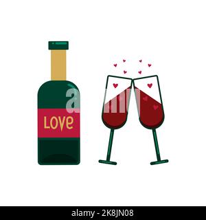 Bottle of red wine and two glasses and pink hearts. Vector illustration in flat style isolated Stock Vector