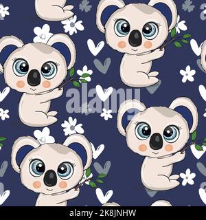 Seamless pattern with cute koala baby on color background. Funny australian animals. Card, postcards for kids. Flat vector illustration for fabric Stock Vector